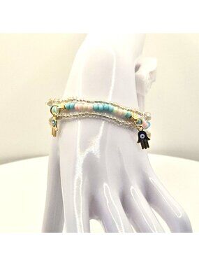 Hamsa Charm Beaded Bracelet With Pastel Pink And Blue Glass Beads Adjustable